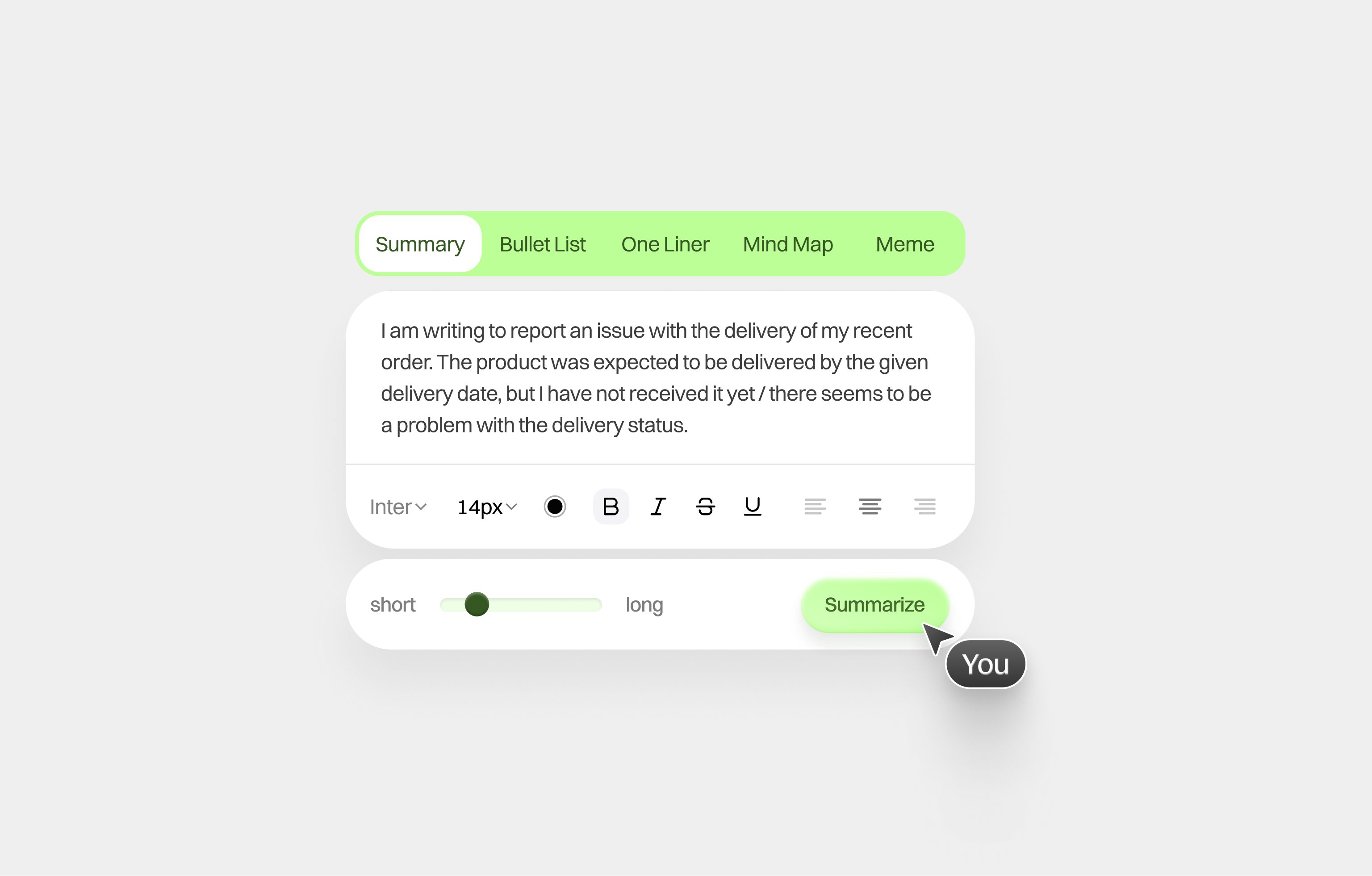 AI text summarizer card UI